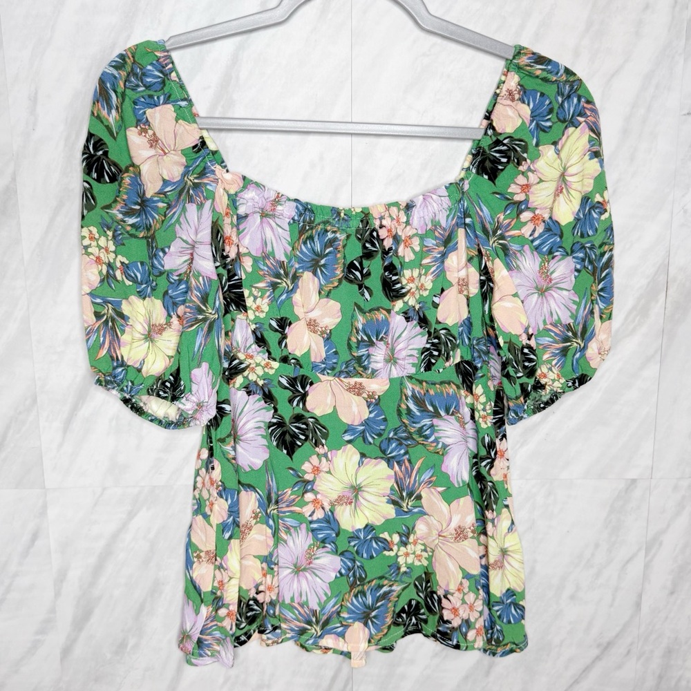 O'Neill Green and Pink Puff Sleeve Smocked Blouse Small
